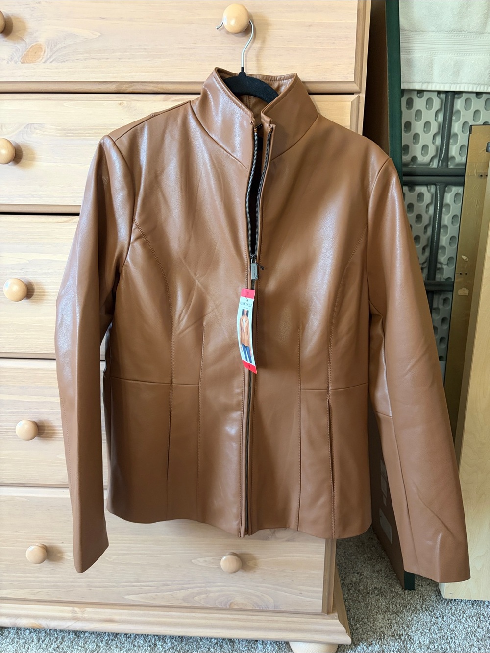 Kenneth Cole Caramel Brown Faux-Leather Zip Jacket